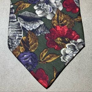 Valentino Tie Fall Leaves and Flowers Green Background Made in Italy 100% Silk